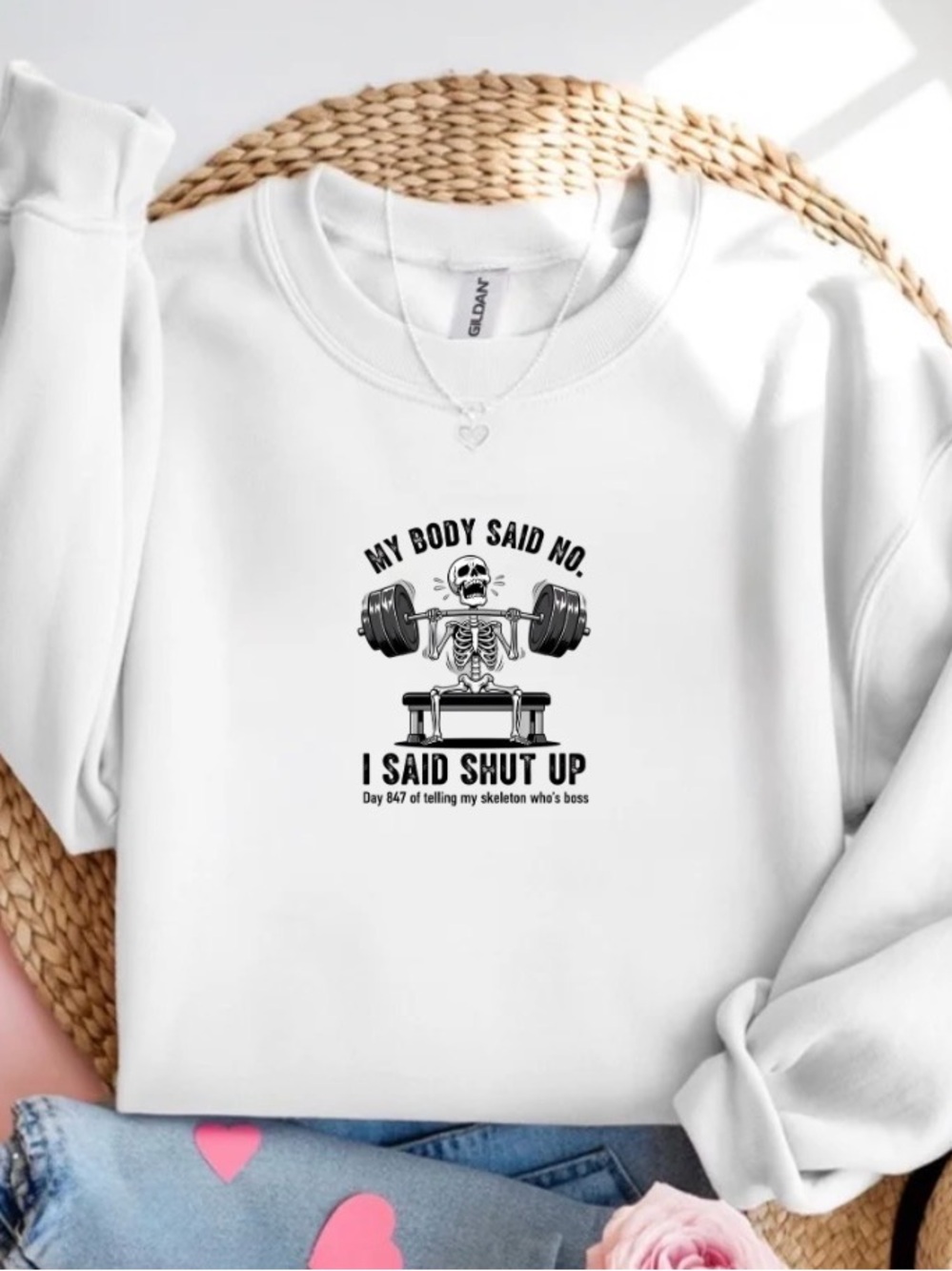 Gildan White Sweatshirt with Black Skeleton Weightlifting Graphic Workout Gym